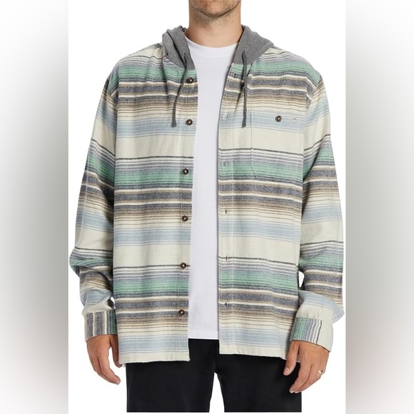 Billabong Men’s Hooded Button-Down Shirt Jacket - Medium – Green Gray Striped - Picture 1 of 15